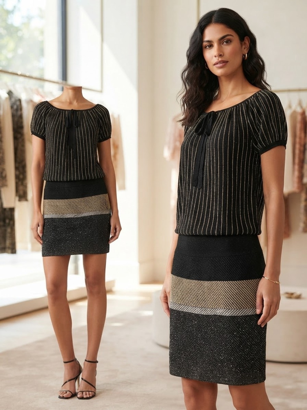 M MISSONI Black Gold Metallic Blouson Dress Bodycon Skirt